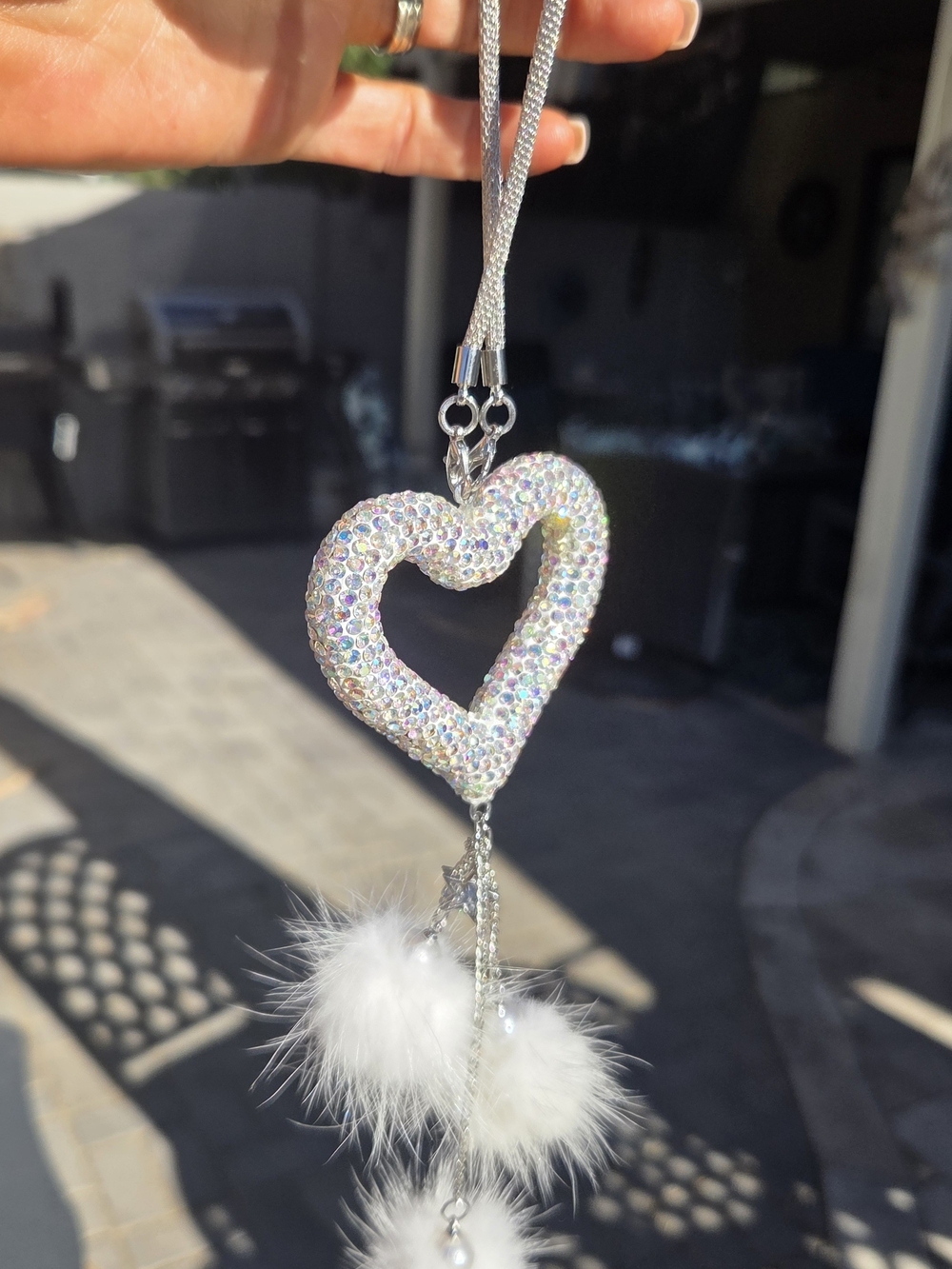Crystal Heart Pom-Pom Rearview Mirror or Bag Charm Iridescent & White